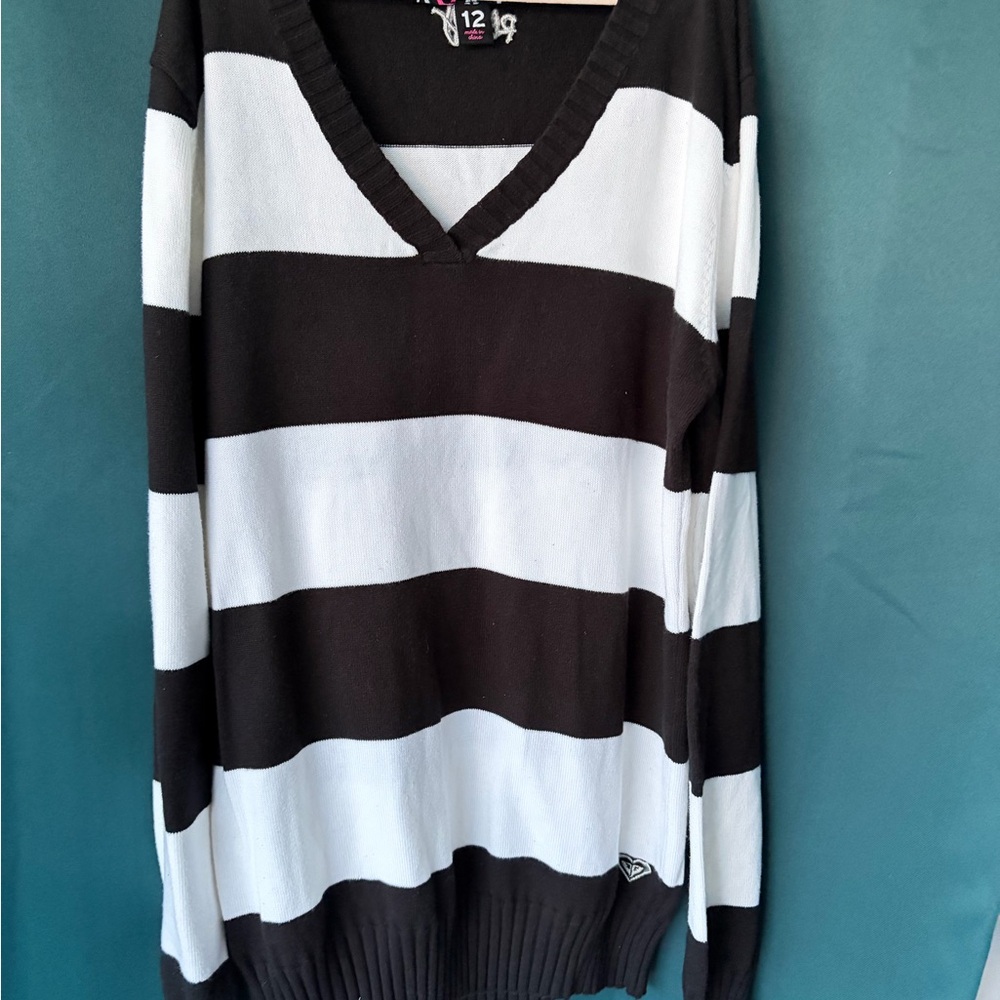 Roxy Black and White Striped V-Neck Sweater